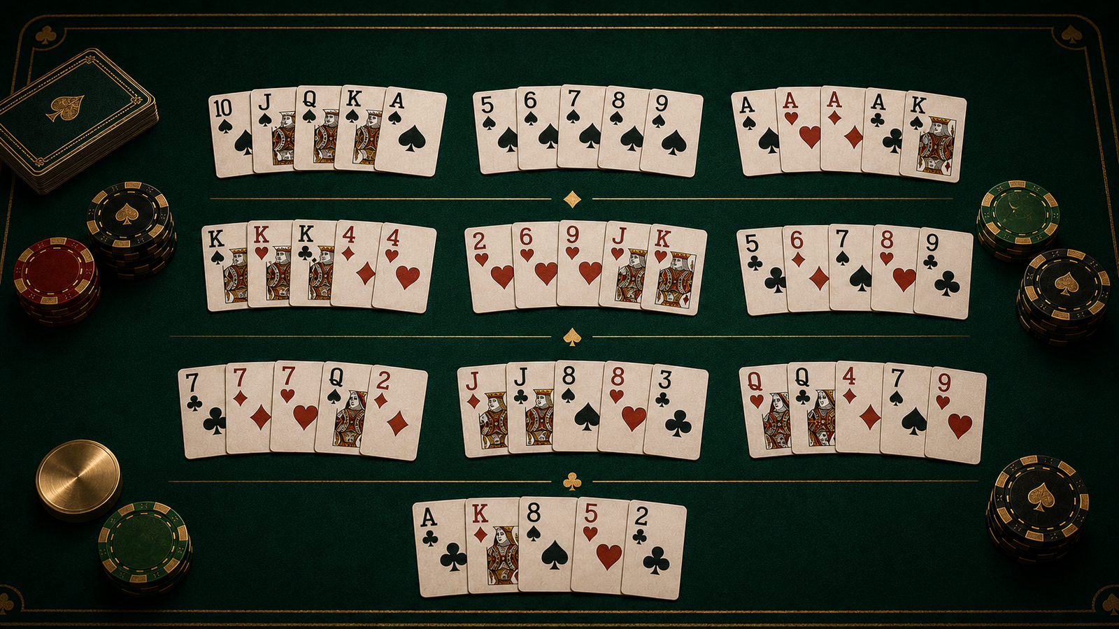 Ranking visual de manos de poker sobre mesa verde